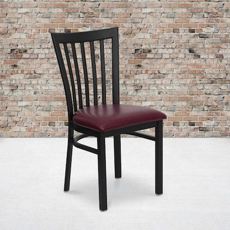 Black School House Back Metal Restaurant Chair, Burgundy Vinyl Seat, PK2
