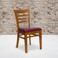 Ladder Back Cherry Wood Restaurant Chair, Burgundy Vinyl Seat, PK2