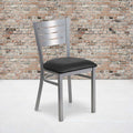 Silver Slat Back Metal Restaurant Chair, Black Vinyl Seat, PK2