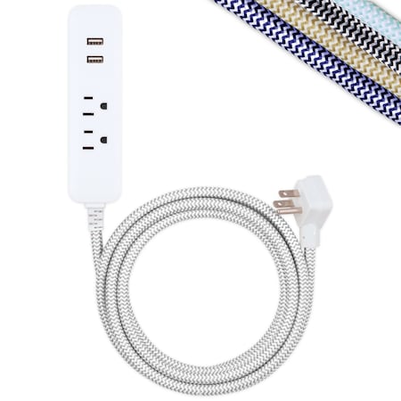 Outlet Strip, Surge, USB, 10 ft., Gray/White