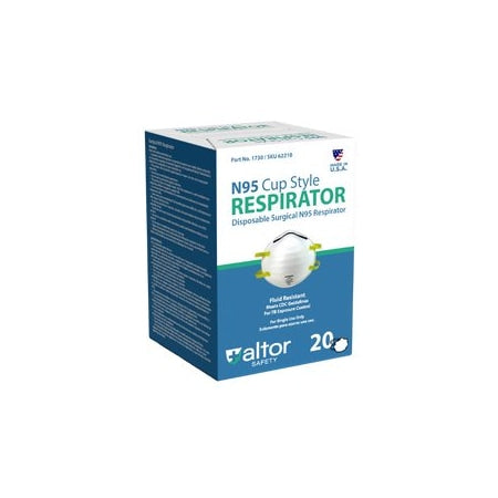 Surgical Respirator, N95, Cup Shape, Adjustable Nose Pads, Dual Headstraps, Nose Clip, L, PK 20