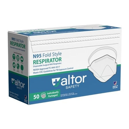Surgical Respirator, N95, Flat-Fold, Dual Non-Adj. Headstraps, Molded Nose Clip, Universal, PK 50