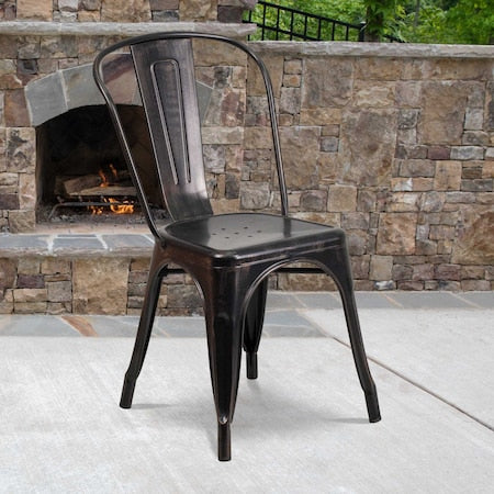 Black-Antique Gold Metal Indoor-Outdoor Stackable Chair, PK4