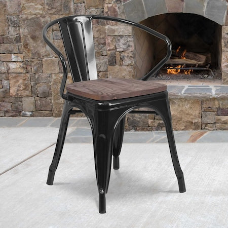 Black Metal Chair with Wood Seat and Arms, PK4