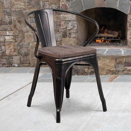 Black-Antique Gold Metal Chair with Wood Seat and Arms, PK4