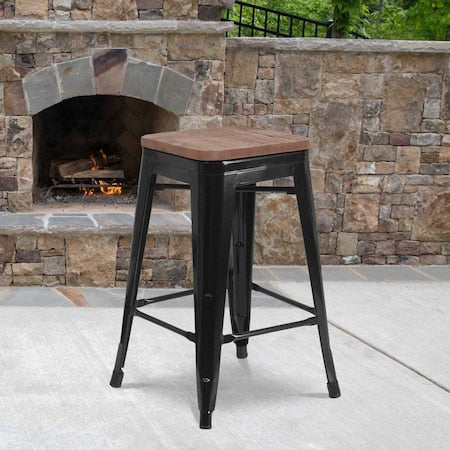 Black Backless Metal Stool, 24", PK4