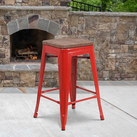 Red Metal Counter Stool, 24", PK4