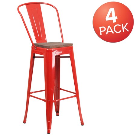Red Metal Barstool with Back and Wood Seat, 30" High, PK4