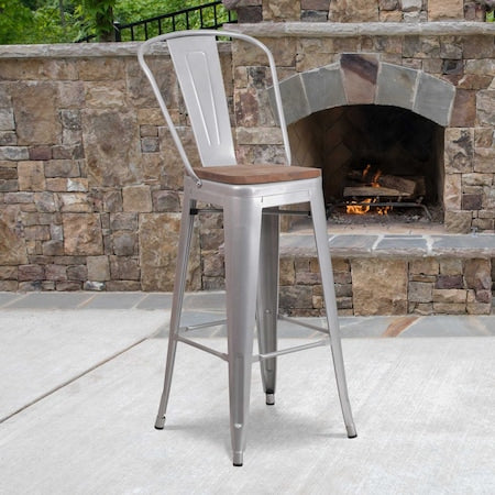 Silver Metal Barstool with Back and Wood Seat, 30" High, PK4