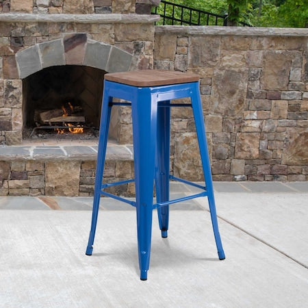 Backless Blue Metal Barstool with Square Wood Seat,30"" High,PK4
