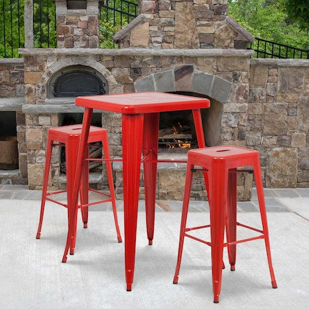 4 "H No Back Red Metal Barstool Square Seat, PK4
