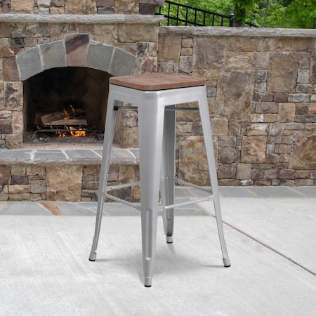 Backless Silver Metal Barstool with Square Wood Seat, 30" High, PK4
