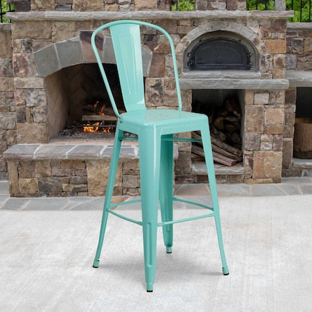 Mint Green Metal Indoor-Outdoor Barstool with Back, 30" High, PK4