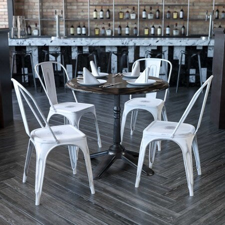 Distressed White Metal Indoor-Outdoor Stackable Chair, PK4