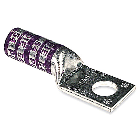 One-Hole Compression Lug, 4/0 AWG Max, 1/4 in Stud, Long Barrel, Copper, Purple