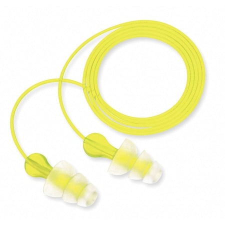 Tri-Flange Reusable Corded Ear Plugs, Fanged Shape, NRR 26 dB, M, Yellow/Clear, 100PK