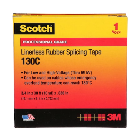 Rubber Splicing Tape, 130C, Scotch, 3/4 in W x 30 ft L, 30 mil thick, Black