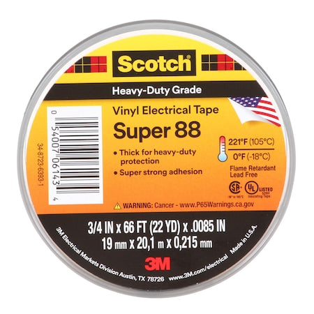 Vinyl Electrical Tape, Super 88, Scotch, 3/4 in L x 66 ft L, 8.5 mil thick, Black