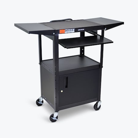 Adjust-Height Steel AV Cart, Pullout Keyboard Tray, Cabinet, Drop Leaf