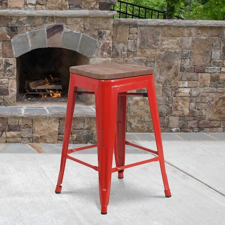 Metal Counter Stool, 24", Red, Seat Material: Wood