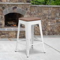 Metal Counter Stool, 24"", White, Seat Material: Wood