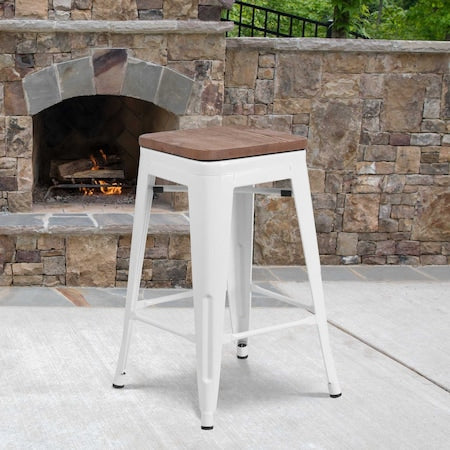 Metal Counter Stool, 24"", White, Seat Material: Wood