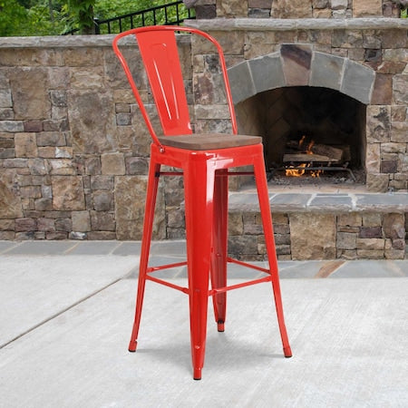 Metal Barstool, 30", Red, Seat Material: Wood