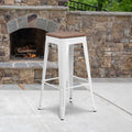 30" White Metal Barstool, Seat Material: Wood