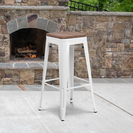 30" White Metal Barstool, Seat Material: Wood