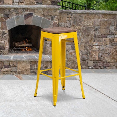 Metal Barstool, 30", Yellow, Seat Material: Wood