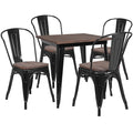 Square Black Metal Table Set with Wood T, 32.25"W W, 31.5" Square L, 30.5"H H, Walnut Elm Wood Top