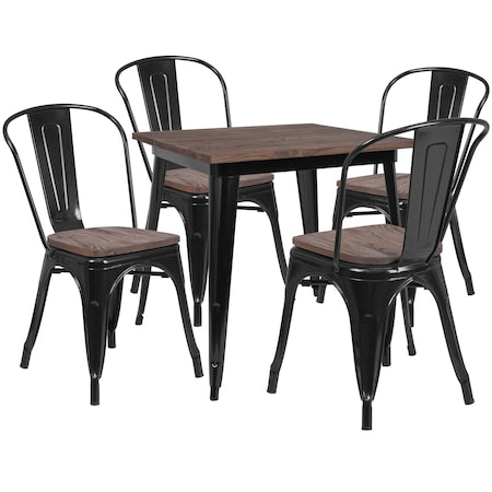 Square Black Metal Table Set with Wood T, 32.25"W W, 31.5" Square L, 30.5"H H, Walnut Elm Wood Top