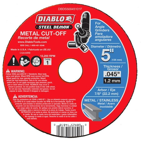 Abrasive Cut-Off Wheel, Type 1, 5 in Dia, 0.045 in Thick, Ceramic