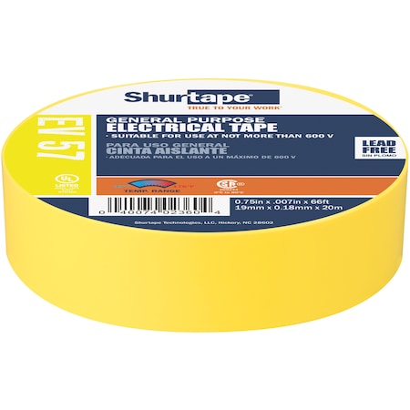 Electrical Tape, Yellow, 3/4"X66Ft
