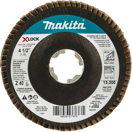 X-LOCK 4 1/2" Type 29 Flap Disc, 40 Grit