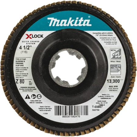 X-LOCK 4 1/2" Type 27 Flap Disc, 80 Grit