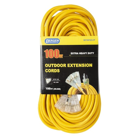 SJTW Extension Cord, 12 AWG, Outdoor, 12/3, 3 Outlets, Yellow, Vinyl, 100 ft