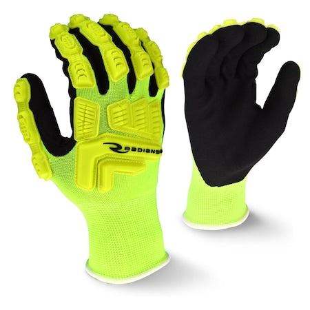 Hi-Vis Impact Coated Gloves, Nitrile, Sandy, Palm, Not Rated Abrasion Level, Hi-Vis Yellow, XL