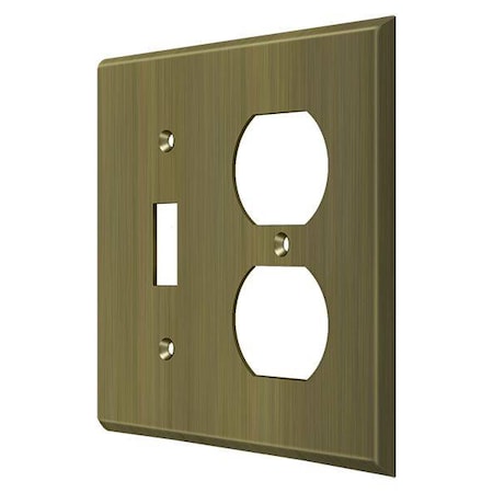 Single Switch/Double Outlet Switch Plate, Number of Gangs: 2 Solid Brass, Antique Brass Finish