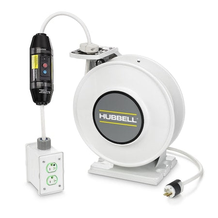 Cord Reel With Hand Lamp, Spring Retracted, Hospital Grade NEMA 5-20R, 12 AWG, White Reel Color