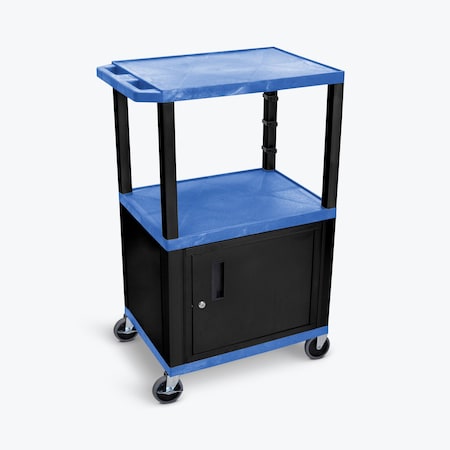 AV Cart with 3 Shelves, Cabinet and Black Legs, 42"H
