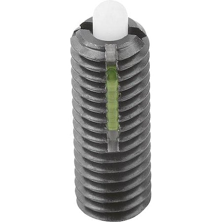 Spring Plunger Light Spring Force, Long-Lok D=1/4-20 L=20, Steel, Comp: Pin POM Plastic