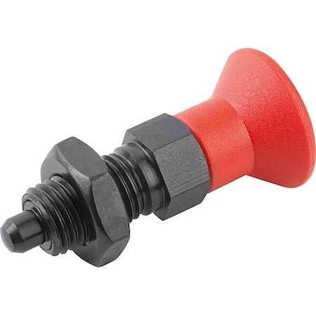 Indexing Plunger Red D1= 1-8, D=16, Style B, Non-Lockout w Locknut, Steel Hardened, Knob Plastic