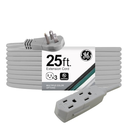 Extension Cord, 16 AWG, Indoor, 16/3, 3 Outlets, Gray, 25 ft
