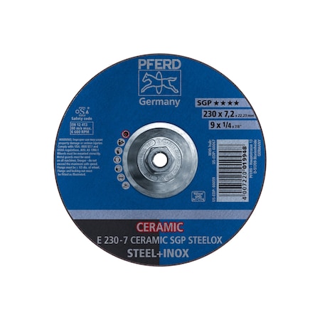 Grinding Wheel, 9" x 1/4", Type 27, 9 in Dia, 1/4 in Thick, 5/8 in-11 Arbor Hole Size