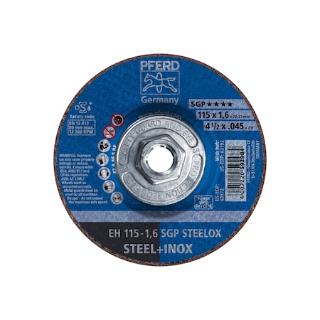 Abrasive Cut-Off Wheel, Type 27, 4-1/2 in Dia, 0.45 in Thick, 5/8 in-11 Arbor Hole Size, 46 Grit