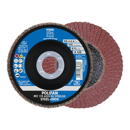 4-1/2" x 7/8" A.H. POLIFAN Flap Disc - A SG STEELOX, Aluminum oxide, 120 Grit, Conical