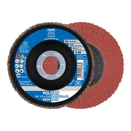 4-1/2" x 7/8" A.H. POLIFAN Flap Disc - A-COOL SG INOX+ALU, Aluminum oxide, 80 Grit, Conical
