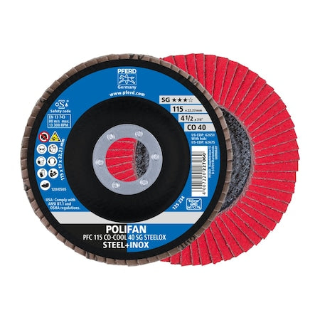 4-1/2" x 7/8" A.H. POLIFAN Flap Disc - CO-COOL SG STEELOX, Ceramic oxide, 40 Grit, Conical