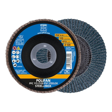 4-1/2" x 7/8" A.H. POLIFAN Flap Disc - Z PSF STEELOX, Zirconia, 120 Grit, Conical